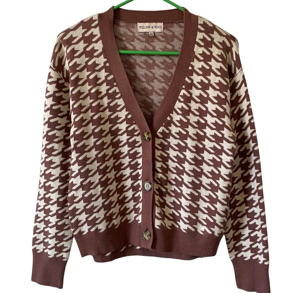 WILLOW & WIND Two Piece Knit Houndstooth Cardigan and Tank Top Size Large Brown